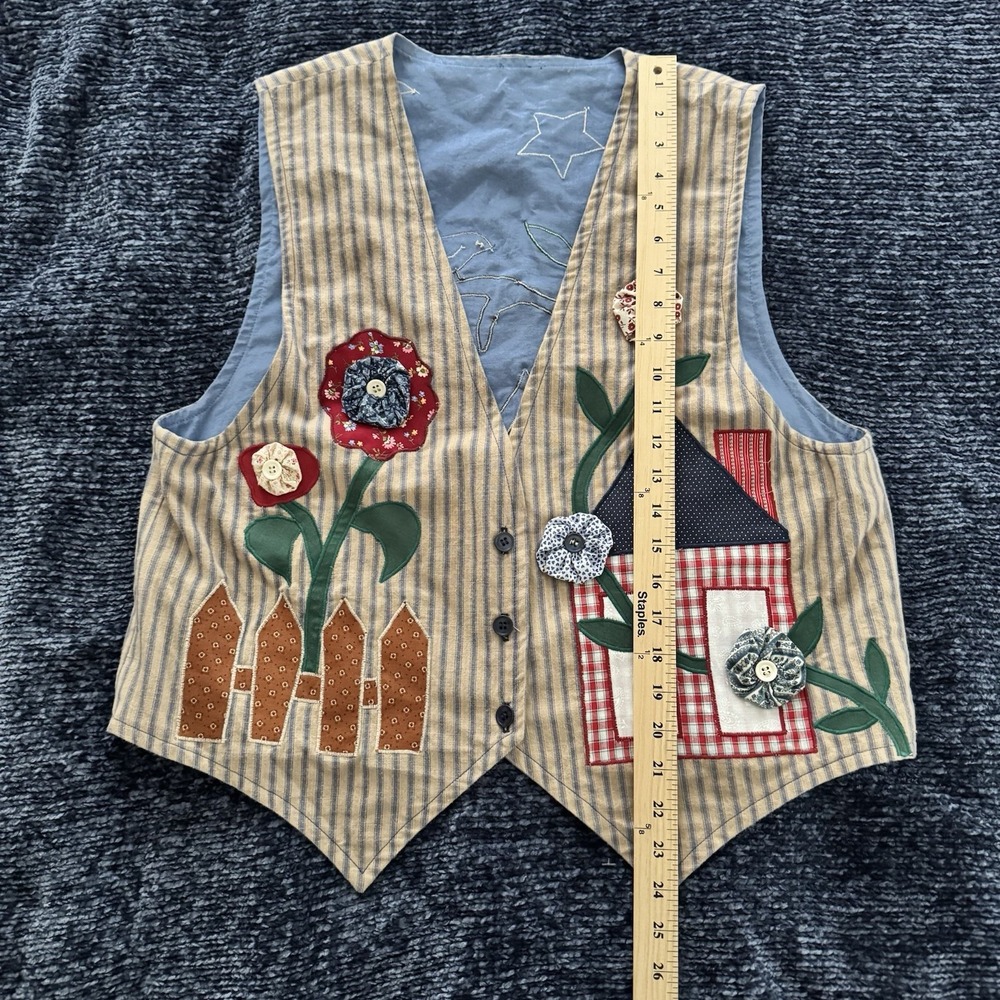 Vintage Birdhouse/Flowers Patchwork Button Front Vest Country Cottagecore M/L - Picture 4 of 5